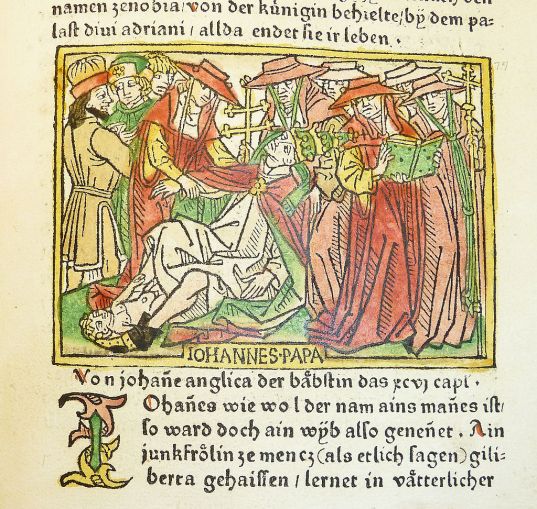 Pope Joan giving birth. Woodcut from a German translation by Heinrich Steinhöwel of Giovanni Boccaccio's De mulieribus claris, printed by Johannes Zainer at Ulm ca. 1474